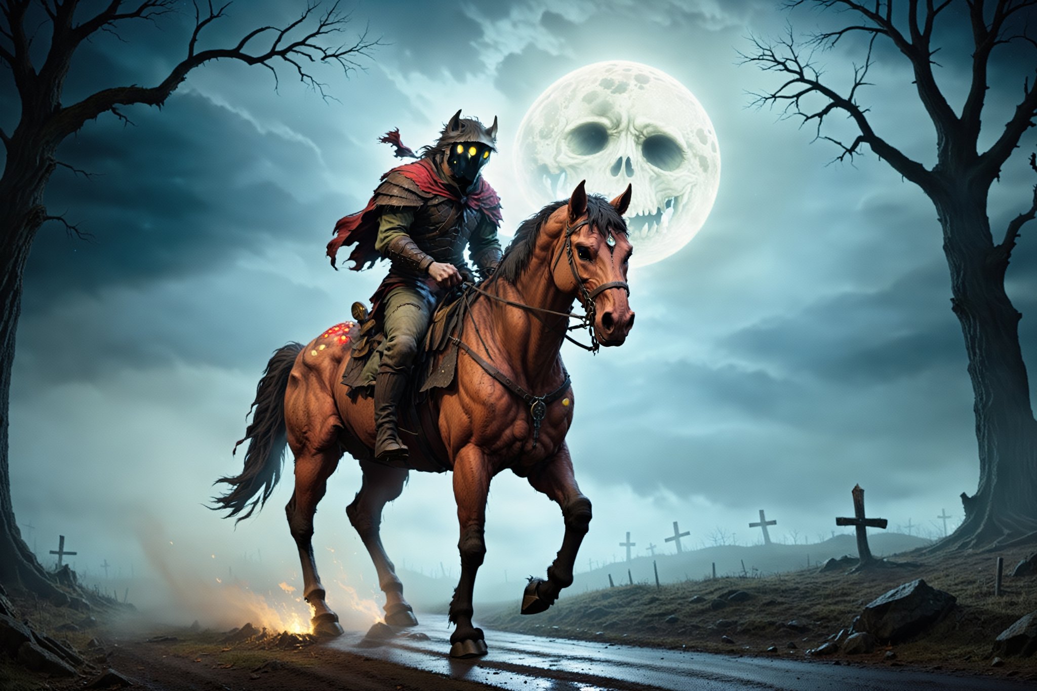 The headless horseman, tears through a moonlit landscape. This 4k ultra-high definition scene should be ultra-detailed and perfectly illuminated, ensuring every detail contributes to the eerie atmosphere. The story unfolds on a desolate road, the roar of a phantom engine fills the air. As the vehicle draws closer, the night is pierced by the sight of the headless horseman, guiding the infernal machine with spectral precision. His decapitated visage illuminated by the flickering glow of magic mushrooms, set amidst a dark and haunting backdrop. This prompt sets the stage for a suspenseful and thrilling story featuring the headless horseman and a mysterious vehicle, driven with an aura of horror.