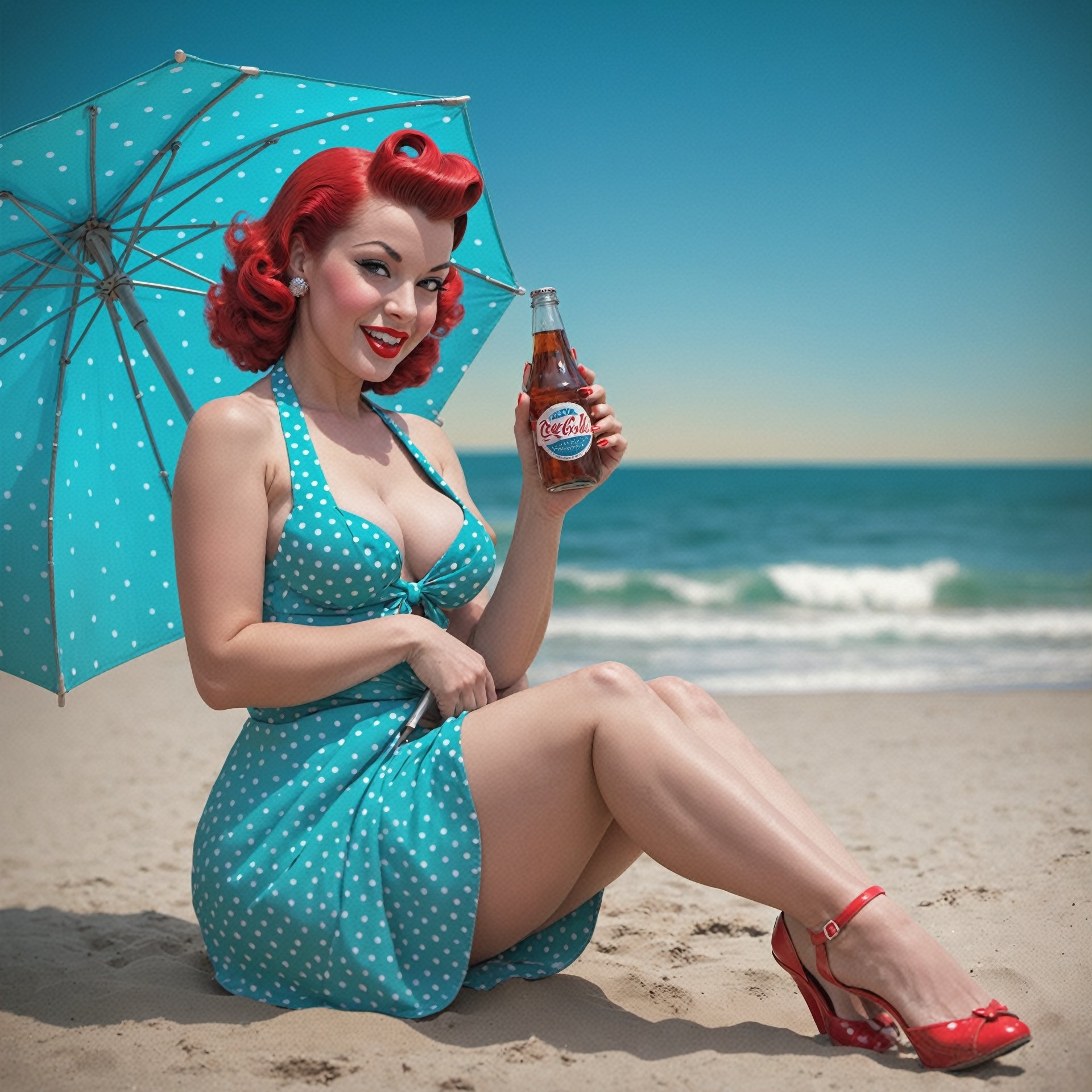 pinup-style artwork. Produce a sultry pinup artwork reminiscent of the 1950s. This time, depict a pinup girl in a playful, coy pose. Dress her in a polka-dot bikini and give her a radiant, come-hither expression. Place her by a retro beach scene with an old-school beach umbrella and soda bottles. Render the image in vibrant colors to capture the era's lively spirit