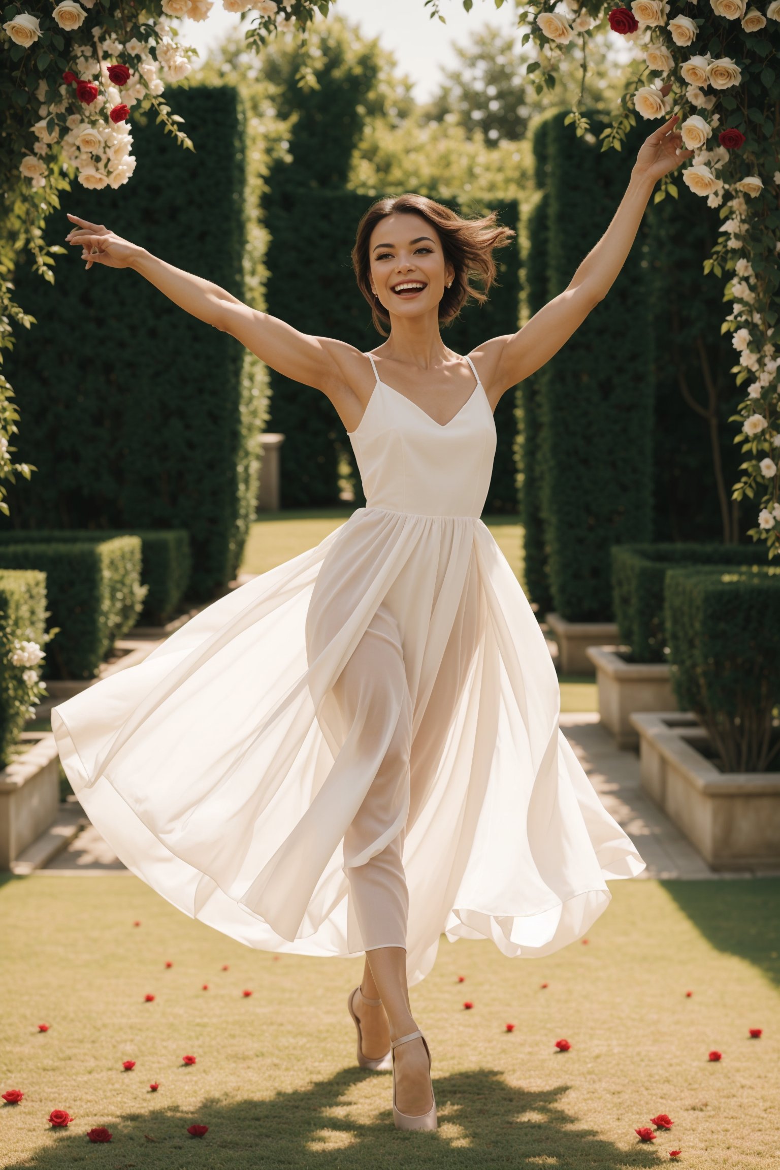 A vibrant image of an muscular woman gracefully dancing in a lush garden filled with blooming roses. The scene captures her in mid-twirl, her dress flowing with the motion, under a soft, warm sunlight that highlights the vibrant red petals and her joyful expression. The composition frames her amidst the dense floral backdrop, emphasizing the harmony between her lively dance and the serene, natural beauty of the roses.