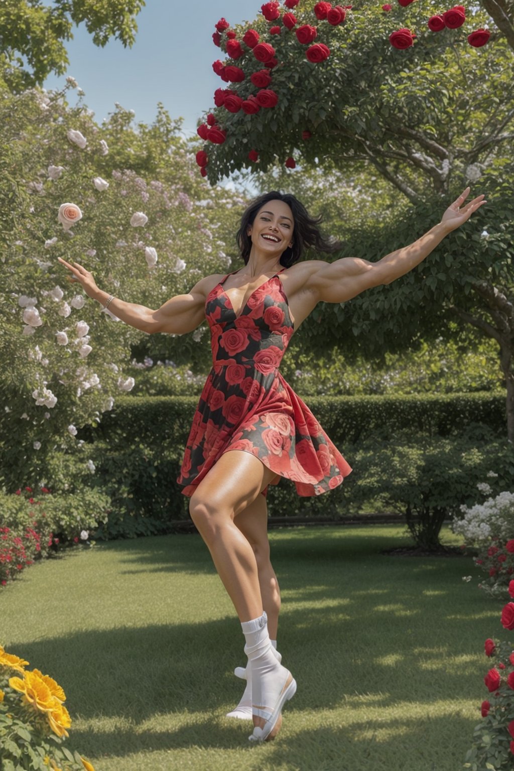 A vibrant image of a muscular woman gracefully dancing in a lush garden filled with blooming roses. The scene captures her in mid-twirl, her dress flowing with the motion, under a soft, warm sunlight that highlights the vibrant red petals and her joyful expression. Her sexy athletic curves are clearly visible through the dress. The composition frames her amidst the dense floral backdrop, emphasizing the harmony between her lively dance and the serene, natural beauty of the roses.