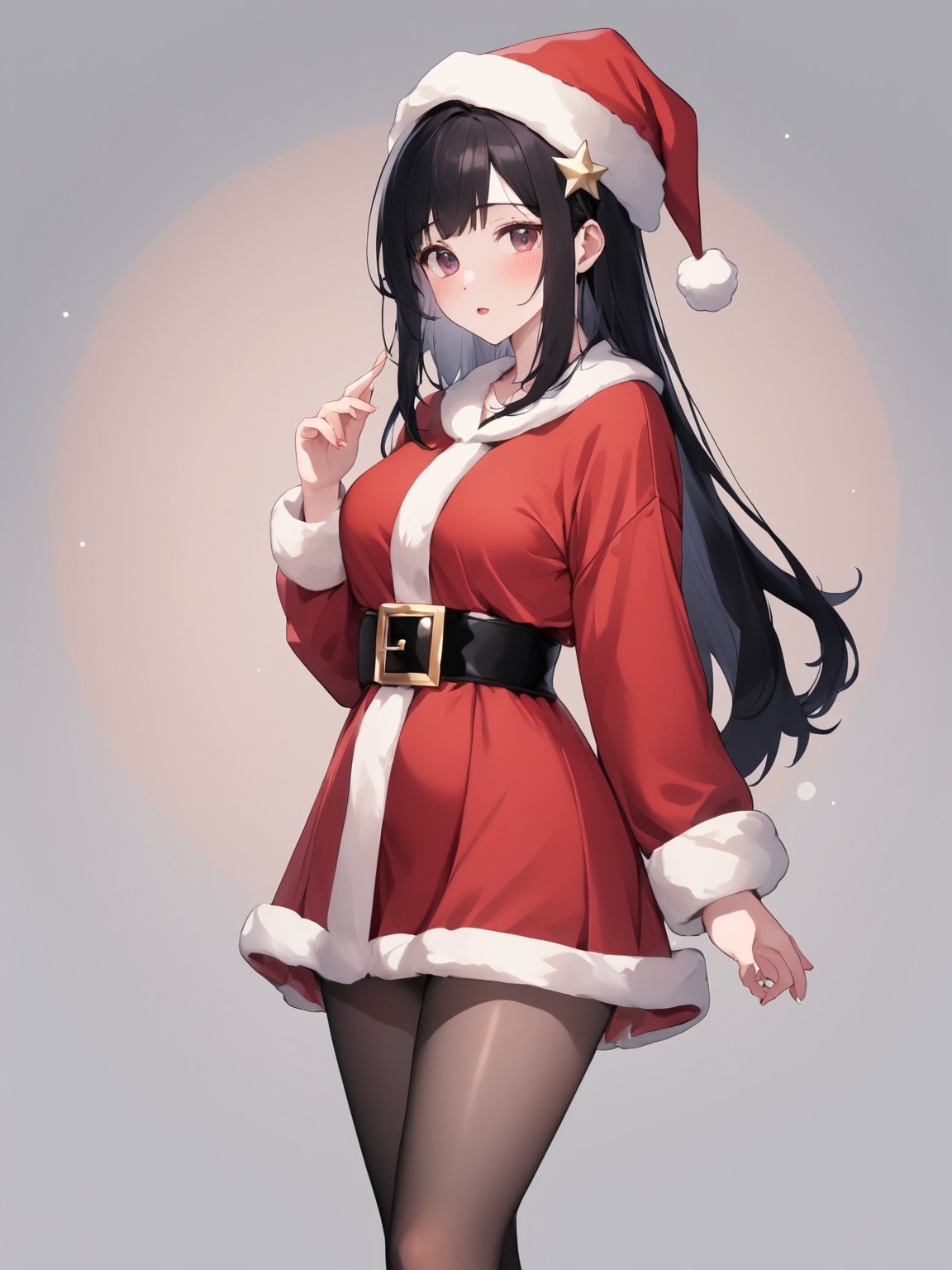 masterpiece, 1girl, solo, blush, black hair, santa costume, simple_background, full body