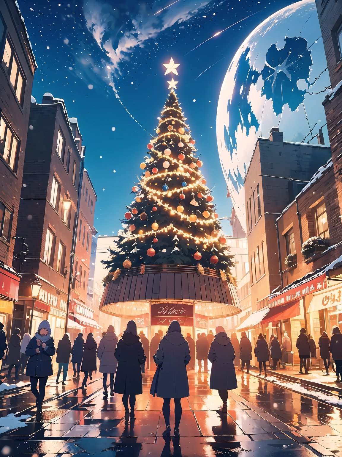 ((masterpiece)), best quality, winter, city, snowing, wide shot, large christmas tree, christmas lights, (night:1.2), 