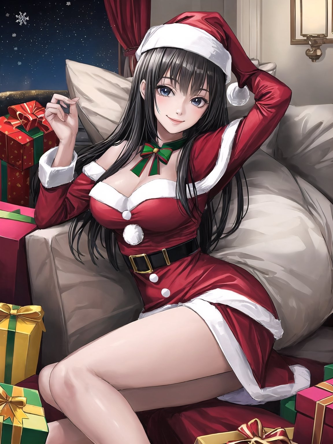 best quality, masterpiece, 1girl, smile, santa costume, light, legs