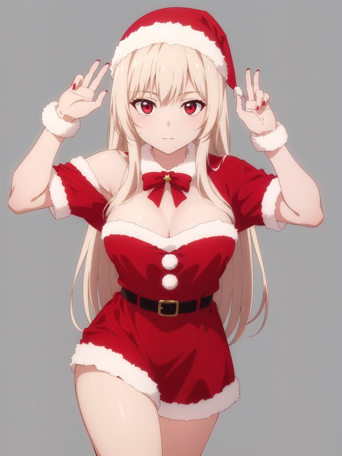 masterpiece, 1girl, solo, (simple background:1.1), santa_outfit, santa costume, long hair, pose