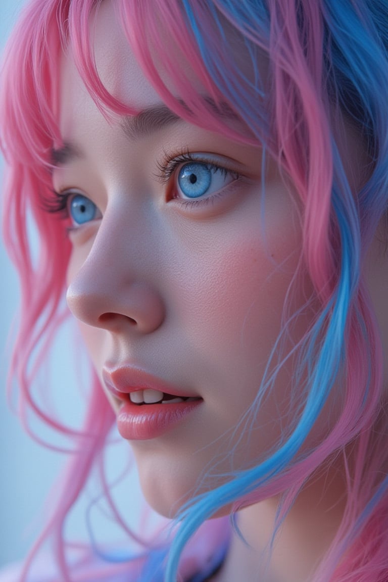 create me a close up image of a  beautiful japanese girl, he has the most stunning blue eyes, every detail showing UHD, 8K, she has pink and blue hair, and is standing in front of a pink and blue gradient background, she has shoulder length hair, a rounded nose, and a beautiful smile, every detail on her face is visible, even the pores