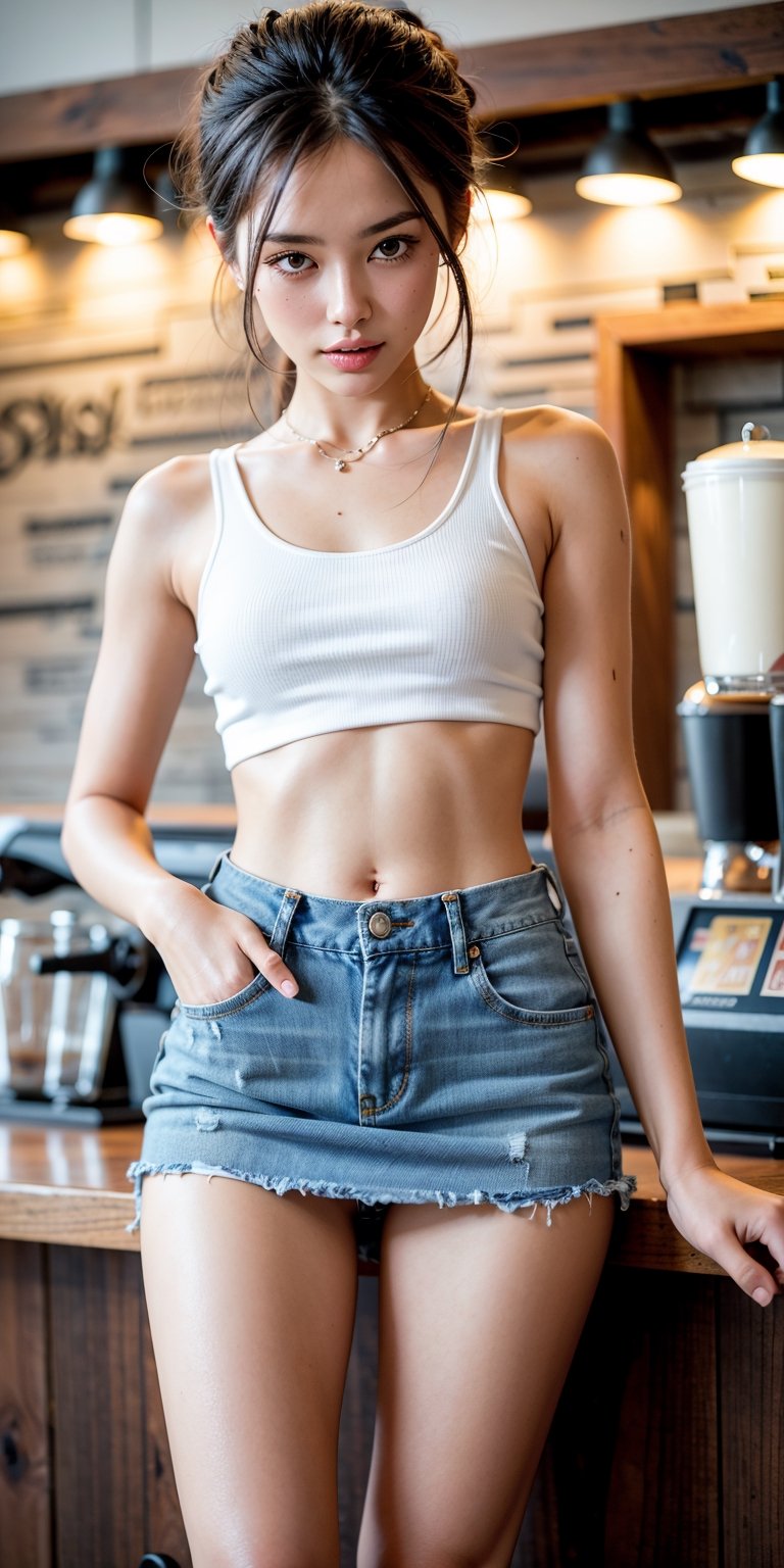 masterpiece, best quality, 1girl, solo, standing, cowboy shot,  middle aged woman, beautiful, standing in a coffee shop , skirt, knotted white tank top, midriff, black hair, updo, denim skirt,Microskirt