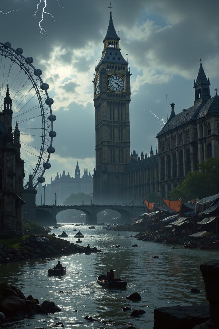 "The once-iconic city of London lies submerged under the swollen waters of a world where the polar ice caps have melted, drowning history beneath an endless flood. The River Thames, now a vast sea of murky, debris-filled water, has swallowed entire districts, leaving only the upper reaches of the tallest buildings visible. In the heart of this half-drowned city, Big Ben rises defiantly above the waves, its once-pristine clock face cracked and weather-beaten, ticking no more. The base of the iconic clock tower is submerged, while its upper spire, tarnished and corroded, scrapes the bruised sky.

Survivors now navigate the flooded streets of London in ramshackle boats made from scavenged debris. They paddle between half-submerged landmarks—what remains of Westminster Abbey is barely recognizable, its gothic spires jutting out of the water like decaying bones. The Houses of Parliament, once the seat of power, are now eerily silent, their lower halls completely underwater, their windows shattered and dark. Makeshift rafts and boats drift through what were once bustling thoroughfares, the waters thick with the remnants of civilization.

The old London Eye ferris wheel still stands, but now its lower half is swallowed by the Thames, with the capsules long since fallen away, bobbing in the water like broken seashells. High above, a colossal suspension bridge—once Tower Bridge—now serves as a lifeline for the desperate survivors. From its iron beams, clusters of makeshift huts hang precariously, cobbled together from rusted metal, plastic, and anything salvageable. Tarps and sheets flap in the wind, casting fleeting shadows over the shimmering, polluted waters below.

The sky above London is a constant swirl of dark clouds, swirling ominously over the flooded remains of the city. Lightning cracks across the horizon, momentarily illuminating Big Ben’s looming silhouette, casting its shadow across the ghostly waters. The air is thick with humidity and the scent of saltwater and decay. Storms roll in frequently, flooding what little remains of dry spaces and sending violent waves crashing against the remaining buildings.

Survivors have made a fragile existence in this drowned world, scavenging the ruins of London for whatever they can find. The rooftops of submerged buildings have become makeshift marketplaces, where people trade food, fuel, and whatever remnants of technology can be salvaged. The remnants of the London Underground are now a dangerous labyrinth of submerged tunnels, with only the bravest—or most desperate—daring to venture below in search of forgotten supplies.

Life continues in the shadow of a drowned London, where Big Ben stands as a monument to a lost civilization, its silent face a constant reminder of a world that was swept away by the relentless tides."