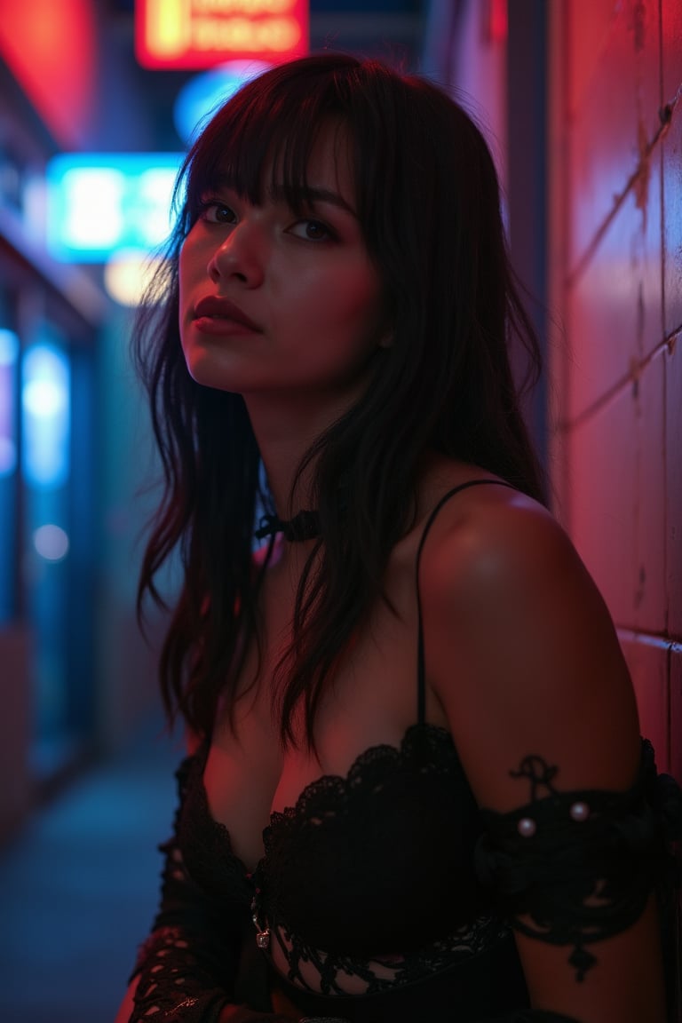 A darkened nightclub, neon lights reflecting off the haze-filled air, illuminates a striking Japanese beauty. Dressed in a Gothic Lolita ensemble of lace and leather, her raven hair falls to her shoulders as she poses confidently amidst the futuristic backdrop. The cyberpunk atmosphere swirls around her, a mesmerizing blend of technology and mystery.