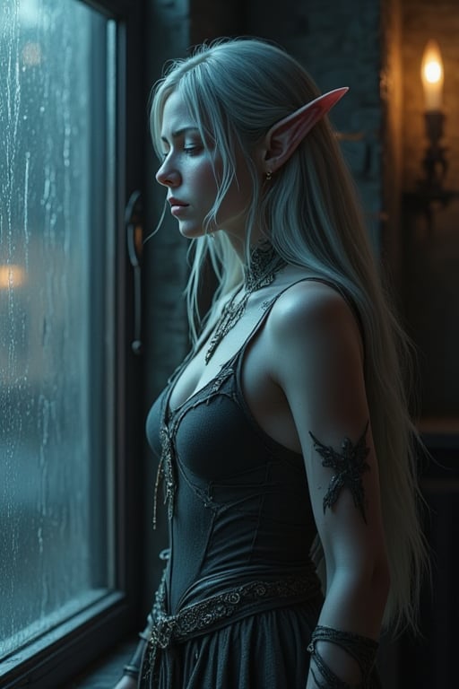 A melancholic elven woman with pale skin and long, flowing silver hair stands by a window, her downcast gaze and expression conveying deep sorrow. Her pointed ears protrude slightly through her straight hair, and her minimal, dark clothing barely covers her torso, contrasting her delicate features. The scene is bathed in muted, diffused light, casting soft shadows across the misty glass window. The atmosphere is somber, with muted tones of blue, gray, and brown dominating the palette, giving the impression of a rainy day or a moment of quiet reflection. The room feels cold and isolated, as the light reflects off the wet glass, adding to the sense of solitude. Her figure appears fragile, evoking emotions of sadness and vulnerability in this intimate, contemplative moment.