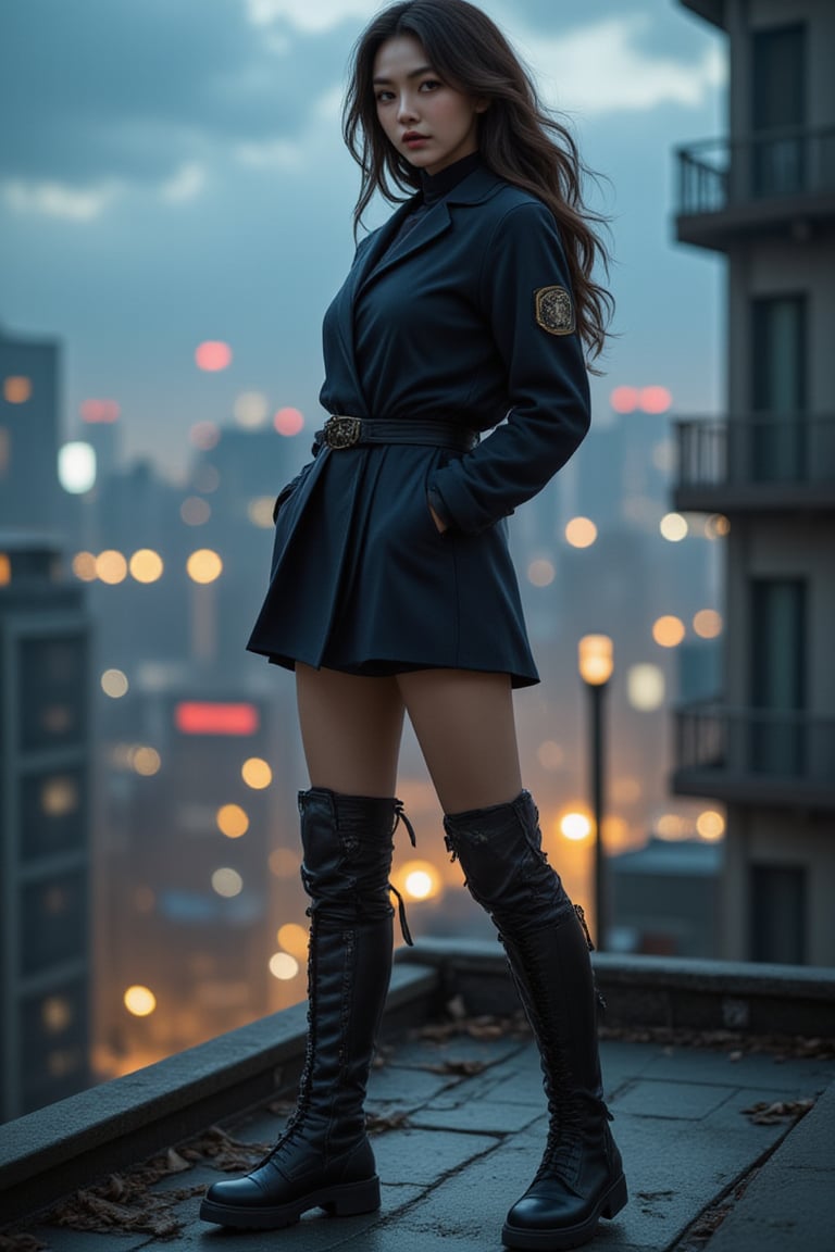 Digital artwork, concept art, a cyberpunk girl,  standing on rooftop with a dark dystopian city in the background, dynamic pose, fierce, comics style, extremely intricate, extremely detailed, ominous lighting, dramatic lighting, dark stormy night, shot with Hasselblad, long exposure