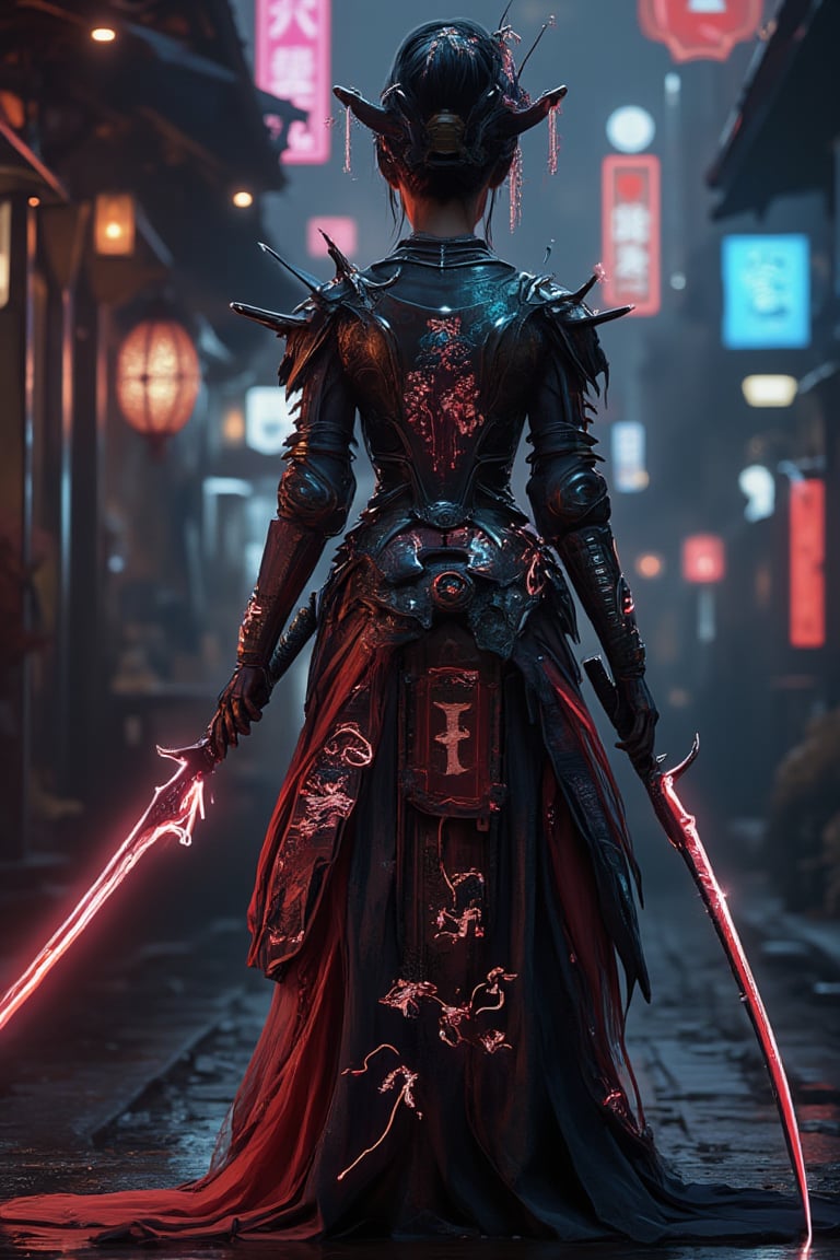 A futuristic geisha-samurai hybrid stands confidently in a neon-lit alleyway, blending traditional elegance with modern strength. The subject wears a flowing kimono infused with glowing neon circuits, intertwined with polished high-tech armor featuring holographic engravings of cherry blossoms and cranes. Her updo is adorned with luminous cyberpunk accessories as she holds a katana with a glowing energy blade. Neon lights reflect off her armor, highlighting the fusion of ancient tradition and cutting-edge technology.