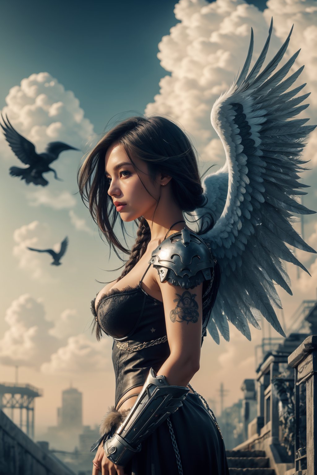 1girl, solo, long hair, breasts, brown eyes, black hair, dress, cleavage, medium breasts, standing, wings, sky, cloud, armor, lips, profile, watermark, cloudy sky, feathers, shoulder armor, feathered wings, angel wings, stairs, realistic, white wings, angel, cowboy shot, 