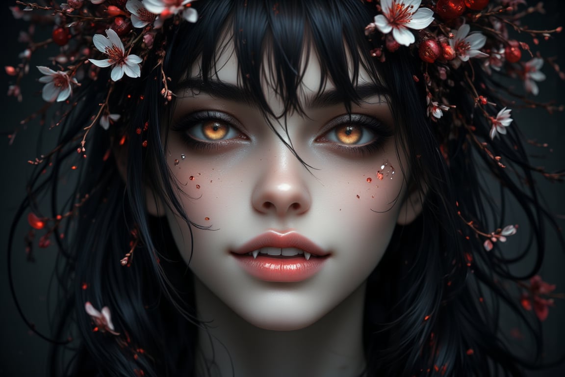 A serene Japanese girl gazes directly into the lens, her piercing brown eyes radiating intensity. Soft, feathery bangs frame her oval-shaped face, where delicate facial features are rendered in precise detail. Her skin has a gentle sheen, as if kissed by the subtle glow of candlelight. Amidst wispy strands of dark hair, organic elements like cherry blossoms or ferns seem to sprout from her crown, harmonizing with her ethereal aura. Flat lighting casts an even, mystical ambiance, inviting the viewer into her dreamlike realm.,FANGS, she has vampire fangs, her mouth open, dark background, vampire eyes, wicked smile exposing her sharp fangs