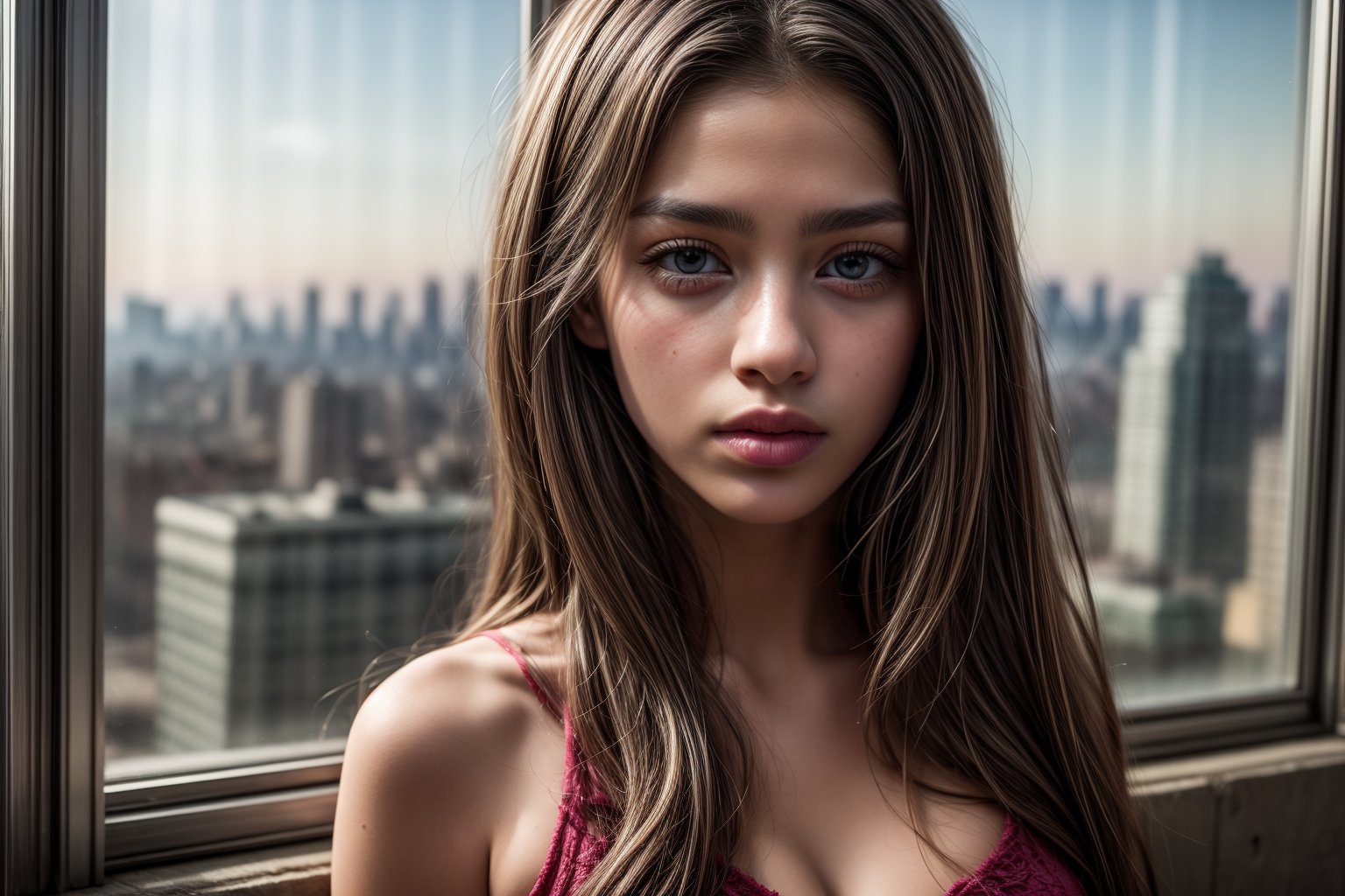 1girl, solo, long hair, black hair, brown eyes, blurry, black eyes, lips, window, depth of field, blurry background, watermark, building, city, realistic, nose