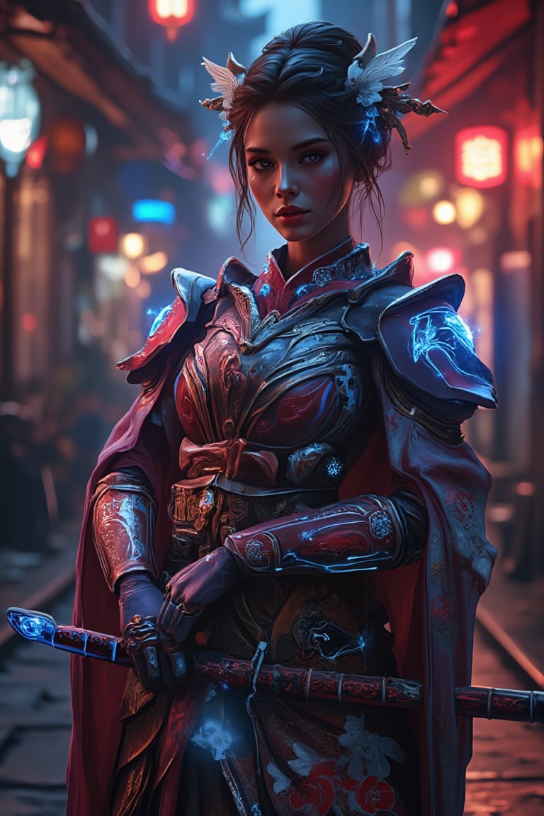 A beautiful Japanese girl stands confidently in a neon-lit alleyway, blending traditional elegance with futuristic strength. She wears a flowing kimono with intricate floral designs now infused with glowing neon circuits, intertwined with polished high-tech armor featuring holographic engravings of cherry blossoms and cranes. Her traditional updo is adorned with luminous cyberpunk accessories, as she holds a katana with a glowing energy blade. The city alleyway's vibrant lights reflect off her armor, highlighting the fusion of ancient tradition and cutting-edge technology in this striking, cyberpunk geisha-samurai hybrid.