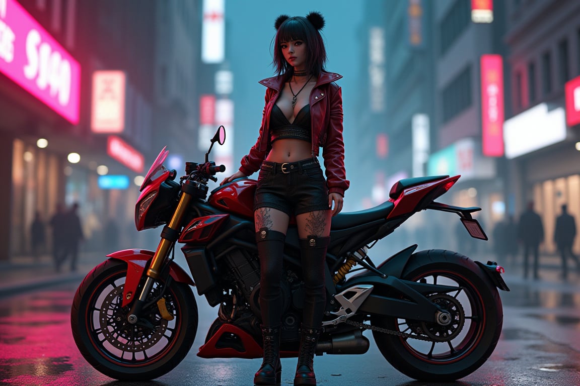 a woman  standing in front of a motorcycle, cyberpunk character, cyberpunk women, cyberpunk character art, female cyberpunk, cyberpunk character design, cgsociety 9, cgsociety cyberpunk, female cyberpunk anime girl, hyper-realistic cyberpunk style, high quality cyberpunk art, cyberpunk femme fatale, cyberpunk highly detailed, cyberpunk street goon, cyberpunk 2 0 7 7 character art