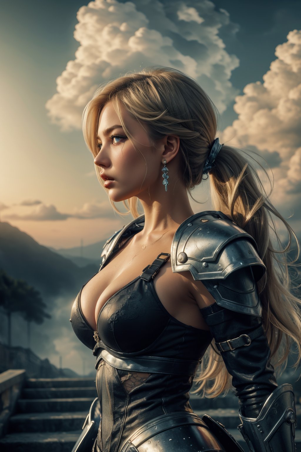 1girl, solo, long hair, breasts, blue eyes, blonde hair, dress, cleavage, medium breasts, standing,sky, cloud, armor, lips, profile, watermark, cloudy sky,  shoulder armor, stairs, realistic, 