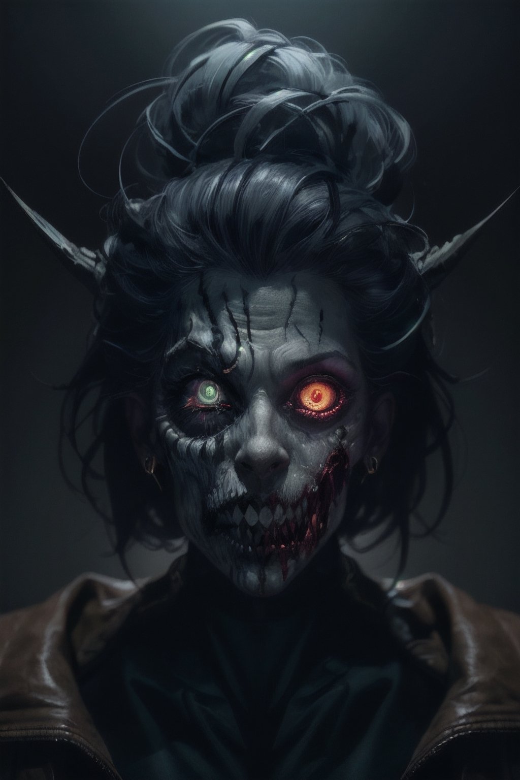 Horrifying dark art, portrait full face painting of a rotting, creepy, scary female zombie, halloween ultra realistic, concept art, intricate details, eerie, highly detailed, photorealistic, octane render, 8 k, unreal engine. art by artgerm and greg rutkowski and alphonse mucha, filipe pagliuso and justin gerard, fantasy, highly detailed, realistic, intricate, glowing eyes, the void, terrifying darkness, absolute nothingness, by keith thompson and neil blevins, digital horror artwork, 8k zombie halloween theme