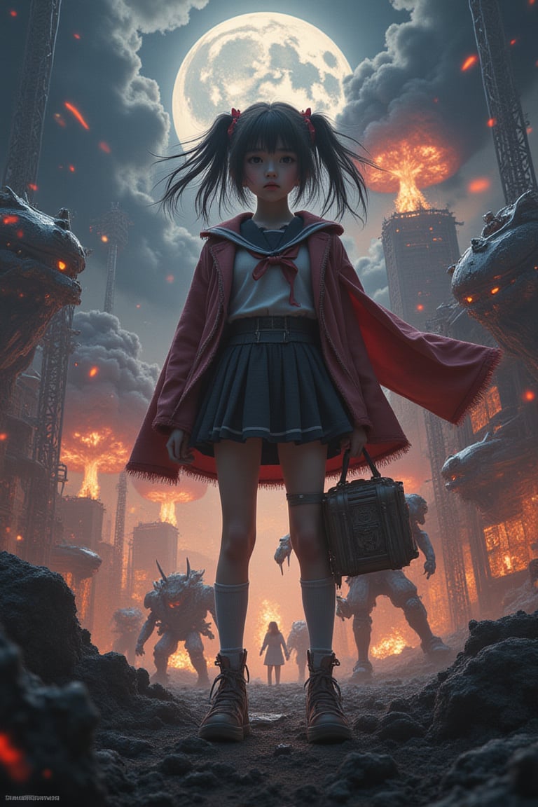 In a cinematic masterpiece, an incredibly powerful Anime Girl stands victorious amidst a backdrop of apocalyptic chaos. The framing is dramatic, with the girl's imposing figure dominating the center of the poster. Hideaki Anno's, Katsuhiro Otomo's, and Rumiko Takahashi's collaborative genius shines as monsters and mech creatures clash in a maelstrom of destruction. Nuclear explosions illuminate the darkened sky, casting an otherworldly glow on the action-packed scene. Every detail, from the girl's intricate costume to the 8K resolution, is meticulously crafted to transport viewers into this thrilling world of high-stakes combat.