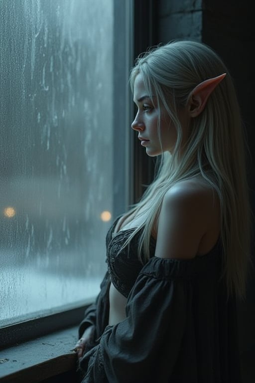 A melancholic elven woman with pale skin and long, flowing silver hair stands by a window, her downcast gaze and expression conveying deep sorrow. Her pointed ears protrude slightly through her straight hair, and her minimal, dark clothing barely covers her torso, contrasting her delicate features. The scene is bathed in muted, diffused light, casting soft shadows across the misty glass window. The atmosphere is somber, with muted tones of blue, gray, and brown dominating the palette, giving the impression of a rainy day or a moment of quiet reflection. The room feels cold and isolated, as the light reflects off the wet glass, adding to the sense of solitude. Her figure appears fragile, evoking emotions of sadness and vulnerability in this intimate, contemplative moment.