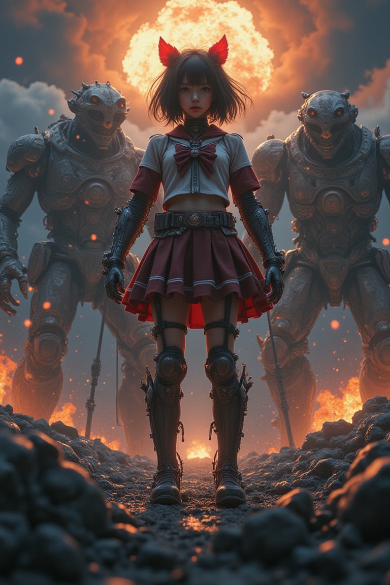 In a cinematic masterpiece, an incredibly powerful Anime Girl stands victorious amidst a backdrop of apocalyptic chaos. The framing is dramatic, with the girl's imposing figure dominating the center of the poster. Hideaki Anno's, Katsuhiro Otomo's, and Rumiko Takahashi's collaborative genius shines as monsters and mech creatures clash in a maelstrom of destruction. Nuclear explosions illuminate the darkened sky, casting an otherworldly glow on the action-packed scene. Every detail, from the girl's intricate costume to the 8K resolution, is meticulously crafted to transport viewers into this thrilling world of high-stakes combat.