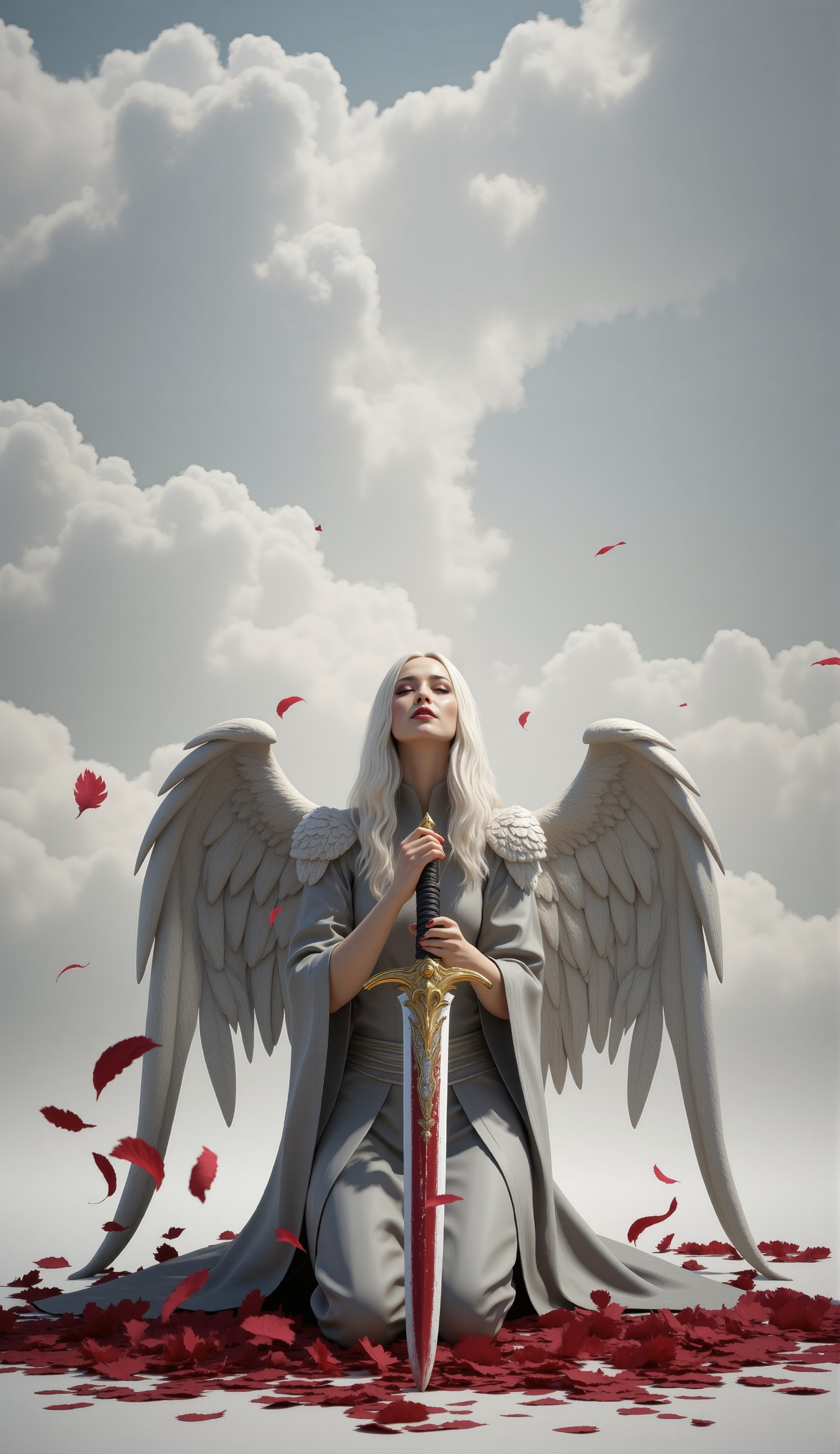 In a serene, cloud-softened backdrop, a lone figure with resplendent white hair and majestic angel wings kneels amidst a scattering of crimson feathers. Her hand firmly grasps the hilt of a gleaming sword, its blade smothered in dark bloodstains. As she lifts her gaze heavenward, her expression is torn between unwavering determination and deep anguish.