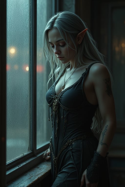 A melancholic elven woman with pale skin and long, flowing silver hair stands by a window, her downcast gaze and expression conveying deep sorrow. Her pointed ears protrude slightly through her straight hair, and her minimal, dark clothing barely covers her torso, contrasting her delicate features. The scene is bathed in muted, diffused light, casting soft shadows across the misty glass window. The atmosphere is somber, with muted tones of blue, gray, and brown dominating the palette, giving the impression of a rainy day or a moment of quiet reflection. The room feels cold and isolated, as the light reflects off the wet glass, adding to the sense of solitude. Her figure appears fragile, evoking emotions of sadness and vulnerability in this intimate, contemplative moment. --ar 1:2 --stylize 750 --v 6