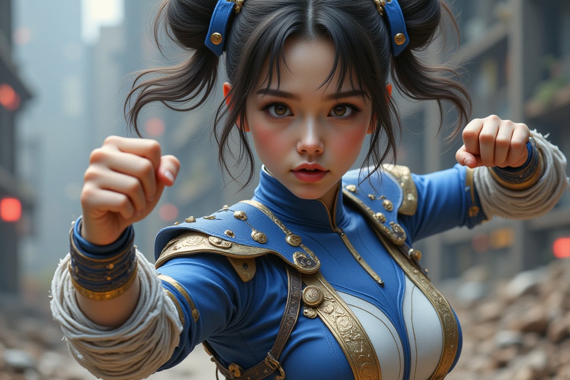 Chun-Li, Street Fighter, blue and white outfit with gold trim, action scene fighting pose, hyper-realistic illustration style, action scene art, in the style of Akira Yasuda, anime-inspired character design, detailed background elements, dynamic composition, high resolution, vibrant colors, high contrast, soft lighting, fluid motion, high energy, full-body portrait, strong facial expression, double-bun hairstyle --ar 1:2 --stylize 750 --niji 6, perfect hands