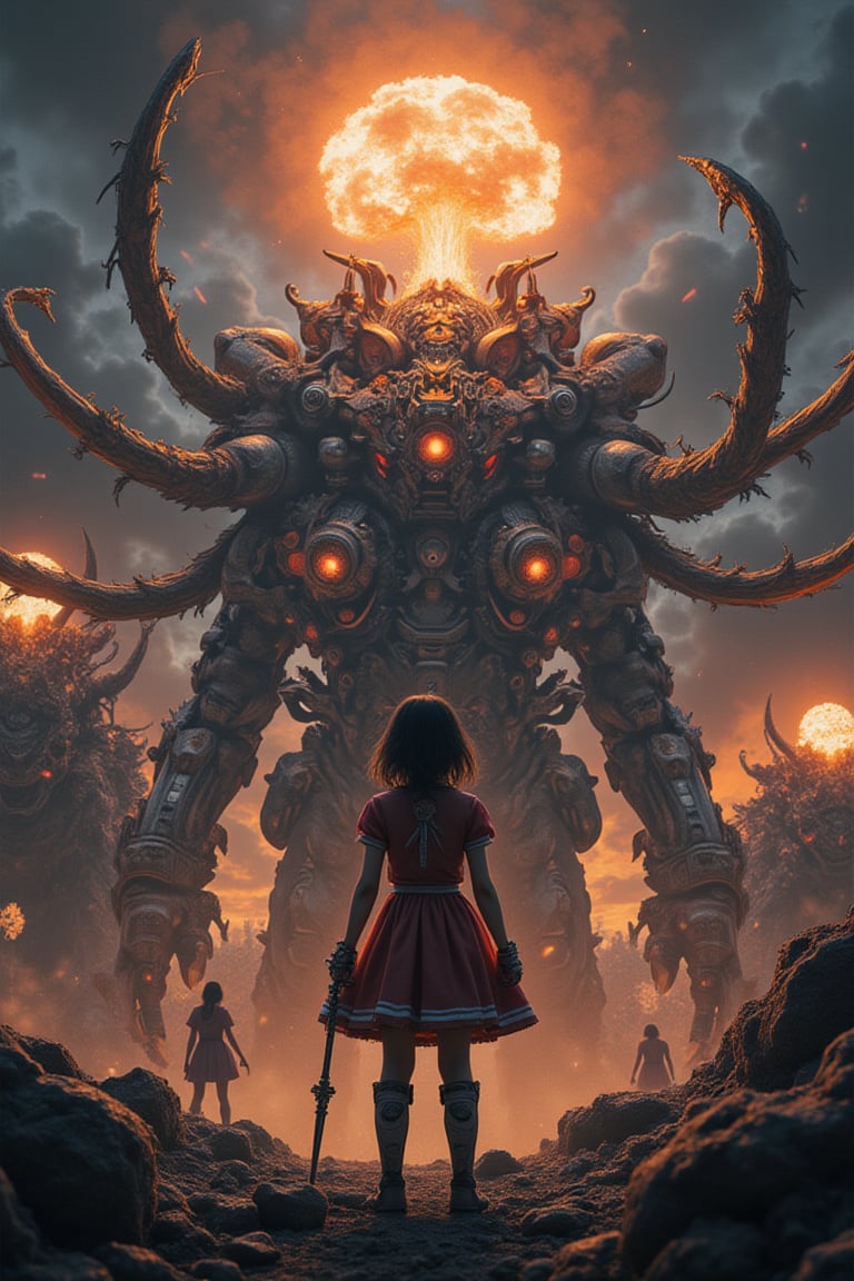 In a cinematic masterpiece, an incredibly powerful Anime Girl stands victorious amidst a backdrop of apocalyptic chaos. The framing is dramatic, with the girl's imposing figure dominating the center of the poster. Hideaki Anno's, Katsuhiro Otomo's, and Rumiko Takahashi's collaborative genius shines as monsters and mech creatures clash in a maelstrom of destruction. Nuclear explosions illuminate the darkened sky, casting an otherworldly glow on the action-packed scene. Every detail, from the girl's intricate costume to the 8K resolution, is meticulously crafted to transport viewers into this thrilling world of high-stakes combat.