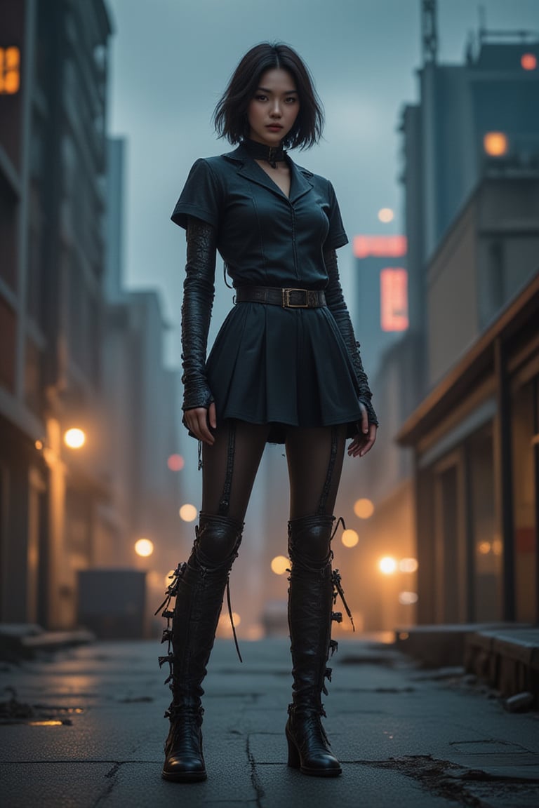 Digital artwork, concept art, a cyberpunk girl,  standing on rooftop with a dark dystopian city in the background, dynamic pose, fierce, comics style, extremely intricate, extremely detailed, ominous lighting, dramatic lighting, dark stormy night, shot with Hasselblad, long exposure