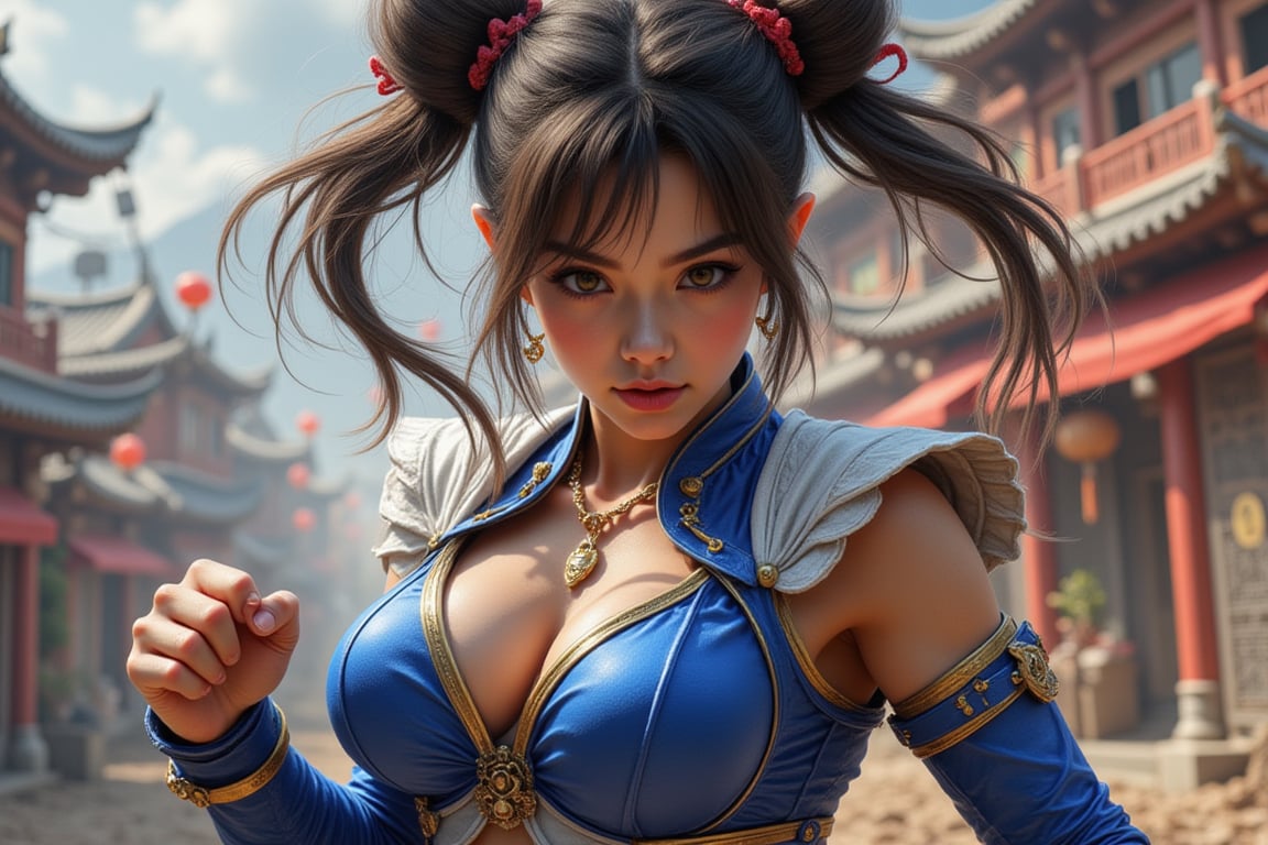 Chun-Li, Street Fighter, blue and white outfit with gold trim, action scene fighting pose, hyper-realistic illustration style, action scene art, in the style of Akira Yasuda, anime-inspired character design, detailed background elements, dynamic composition, high resolution, vibrant colors, high contrast, soft lighting, fluid motion, high energy, full-body portrait, strong facial expression, double-bun hairstyle --ar 1:2 --stylize 750 --niji 6, perfect hands