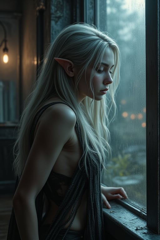 A melancholic elven woman with pale skin and long, flowing silver hair stands by a window, her downcast gaze and expression conveying deep sorrow. Her pointed ears protrude slightly through her straight hair, and her minimal, dark clothing barely covers her torso, contrasting her delicate features. The scene is bathed in muted, diffused light, casting soft shadows across the misty glass window. The atmosphere is somber, with muted tones of blue, gray, and brown dominating the palette, giving the impression of a rainy day or a moment of quiet reflection. The room feels cold and isolated, as the light reflects off the wet glass, adding to the sense of solitude. Her figure appears fragile, evoking emotions of sadness and vulnerability in this intimate, contemplative moment.