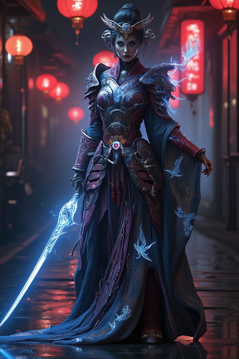 A futuristic geisha-samurai hybrid stands confidently in a neon-lit alleyway, blending traditional elegance with modern strength. The subject wears a flowing kimono infused with glowing neon circuits, intertwined with polished high-tech armor featuring holographic engravings of cherry blossoms and cranes. Her updo is adorned with luminous cyberpunk accessories as she holds a katana with a glowing energy blade. Neon lights reflect off her armor, highlighting the fusion of ancient tradition and cutting-edge technology.