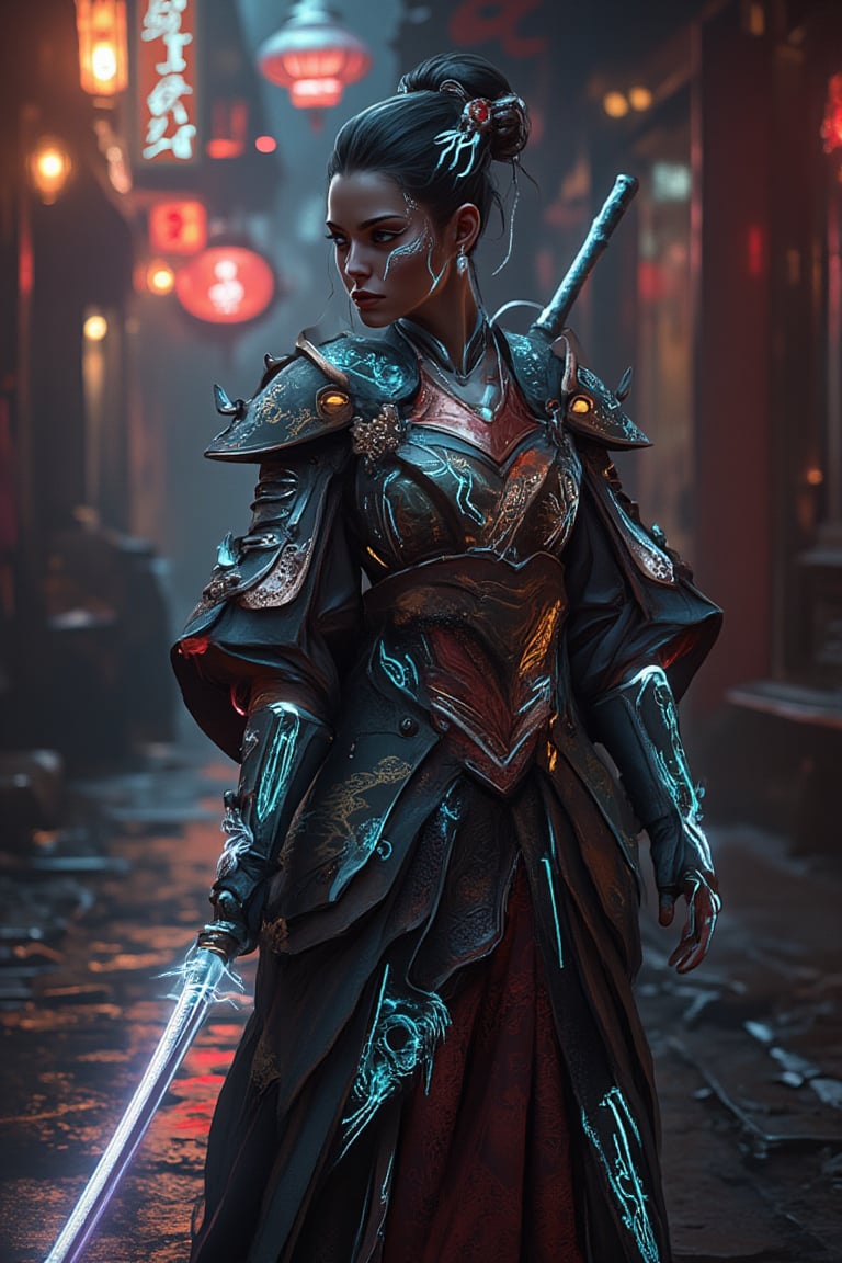 A futuristic geisha-samurai hybrid stands confidently in a neon-lit alleyway, blending traditional elegance with modern strength. The subject wears a flowing kimono infused with glowing neon circuits, intertwined with polished high-tech armor featuring holographic engravings of cherry blossoms and cranes. Her updo is adorned with luminous cyberpunk accessories as she holds a katana with a glowing energy blade. Neon lights reflect off her armor, highlighting the fusion of ancient tradition and cutting-edge technology.