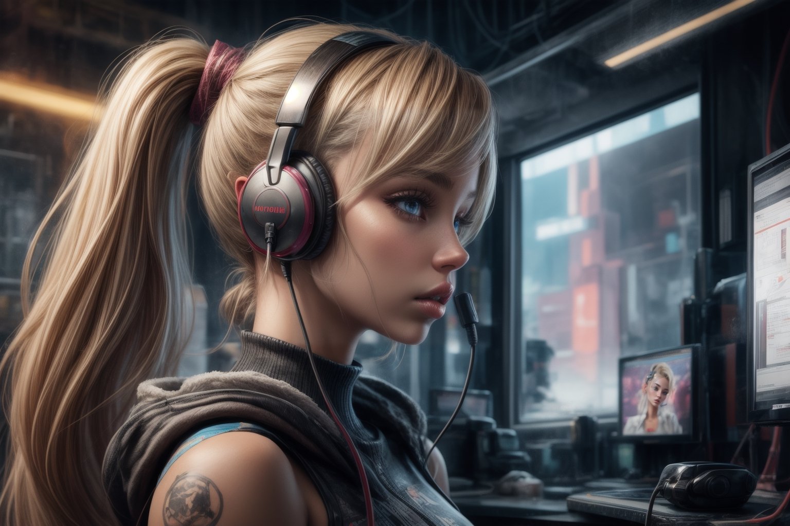 1girl, solo, long hair, blue eyes, blonde hair, upper body, ponytail, lips, profile, headphones, science fiction, realistic, android, cable, cyberpunk