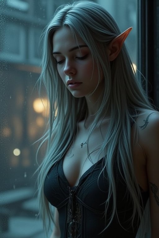 A melancholic elven woman with pale skin and long, flowing silver hair stands by a window, her downcast gaze and expression conveying deep sorrow. Her pointed ears protrude slightly through her straight hair, and her minimal, dark clothing barely covers her torso, contrasting her delicate features. The scene is bathed in muted, diffused light, casting soft shadows across the misty glass window. The atmosphere is somber, with muted tones of blue, gray, and brown dominating the palette, giving the impression of a rainy day or a moment of quiet reflection. The room feels cold and isolated, as the light reflects off the wet glass, adding to the sense of solitude. Her figure appears fragile, evoking emotions of sadness and vulnerability in this intimate, contemplative moment. --ar 1:2 --stylize 750 --v 6