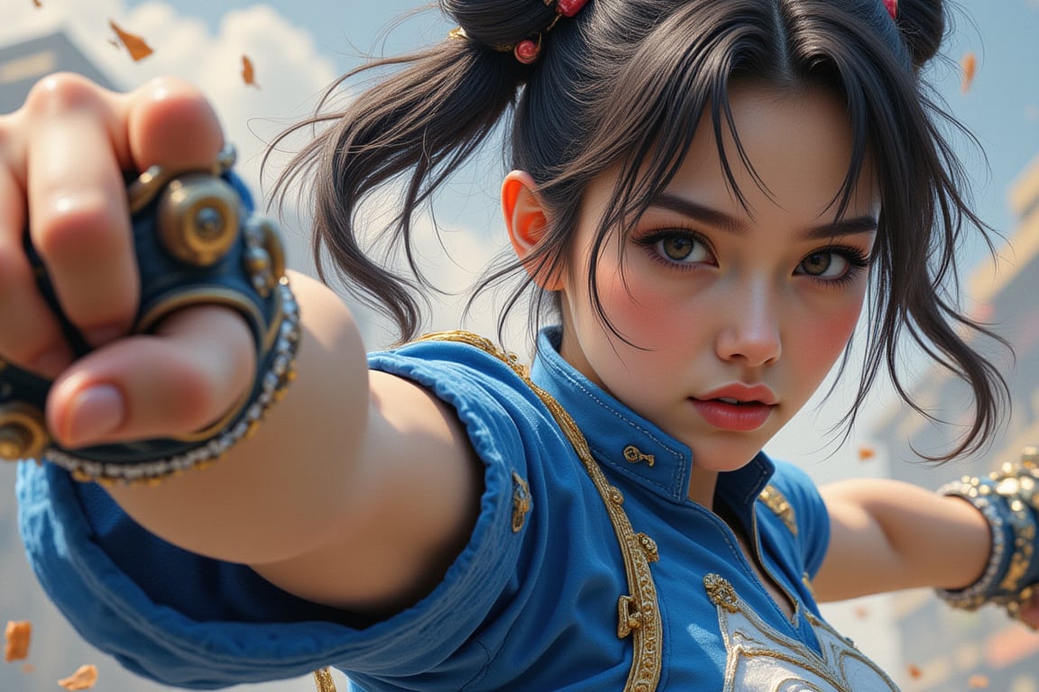 Chun-Li, Street Fighter, blue and white outfit with gold trim, action scene fighting pose, hyper-realistic illustration style, action scene art, in the style of Akira Yasuda, anime-inspired character design, detailed background elements, dynamic composition, high resolution, vibrant colors, high contrast, soft lighting, fluid motion, high energy, full-body portrait, strong facial expression, double-bun hairstyle --ar 1:2 --stylize 750 --niji 6, perfect hands