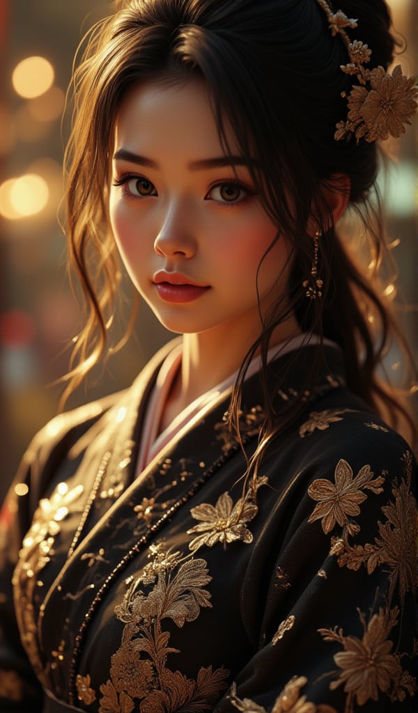 "A beautiful Japanese girl stands gracefully, wearing a stunning black kimono with intricate golden embroidery. The soft fabric flows elegantly around her, catching the light, while delicate floral patterns subtly enhance the richness of her attire. She gazes directly at the viewer with large, expressive eyes full of adoration, her gaze warm and inviting. Her long, silky black hair is styled neatly, adorned with a single delicate hairpin. The background is softly blurred, ensuring all attention is focused on her radiant presence, highlighting the tenderness and charm in her expression, rendered in UHD, 8K resolution with very high detail and realism."