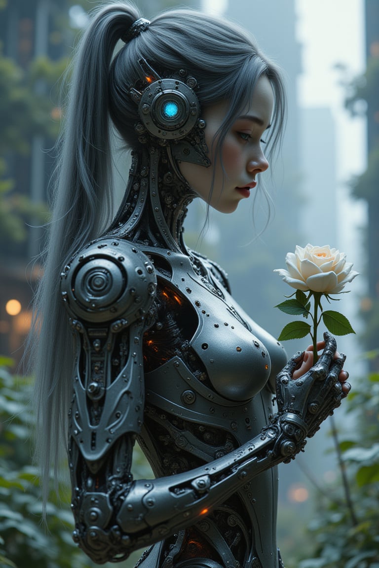 
Here’s a revised, even more detailed prompt with the added human beauty:

"A mesmerizing cyborg girl stands at the center of a surreal, futuristic garden, a captivating blend of stunning human beauty and intricate cybernetic design. Her face and head are entirely human, with flawless, smooth skin that seems to glow softly in the ambient light. Her strikingly beautiful features are framed by long, flowing hair, cascading down her back like silk, contrasting sharply with the cold, metallic sheen of her body. Her eyes captivate—one is a bright, expressive human eye full of emotion, while the other is a sophisticated cybernetic lens, faintly glowing and constantly adjusting its focus with subtle micro-movements. Her delicate lips curve into a soft, contemplative expression, filled with both longing and serenity.

Her torso is entirely human, covered by a simple, form-fitting garment that enhances her natural beauty, yet her mechanical arms and legs are a work of art—an intricate network of polished steel and gleaming titanium. Each arm is a masterpiece of engineering, with exposed micro-gears and pistons working in perfect harmony as she gently cradles a delicate white rose in her metallic hand. The rose’s soft petals seem almost ethereal against the cold, mechanical precision of her fingers. Her mechanical arms are adorned with impossibly detailed engravings, while faint blue lights pulse rhythmically along her joints, bringing life to the sleek design.

Her legs are equally remarkable, made of seamlessly interconnected plates of shining metal, each joint moving with the fluid grace of an athlete, yet powered by finely tuned servos. The soft hum of machinery emanates from her as she moves slightly, her body an elegant fusion of organic curves and robotic precision. Fine, glowing circuitry runs just beneath the transparent sections of her limbs, casting an ethereal glow in the misty air.

The scene is set in a tranquil, futuristic garden bathed in soft, diffused light. Bioluminescent plants softly glow around her, their hues reflecting off her metallic limbs. Delicate shafts of light pierce through the mist, illuminating her in a way that highlights the surreal contrast between her organic beauty and her mechanical form. In the background, towering futuristic structures loom, their glass and steel exteriors blending with nature, creating a sense of harmony between the artificial and the organic.

The entire scene is rendered in UHD, 8K resolution with absurd levels of detail. Every bolt, wire, and gear in her mechanical limbs is clearly visible, as well as every strand of her lustrous hair, every pore on her flawless skin. The white rose in her hand symbolizes fragile life amidst her cold, mechanical form, making this scene an award-winning masterpiece of beauty, technology, and emotion."