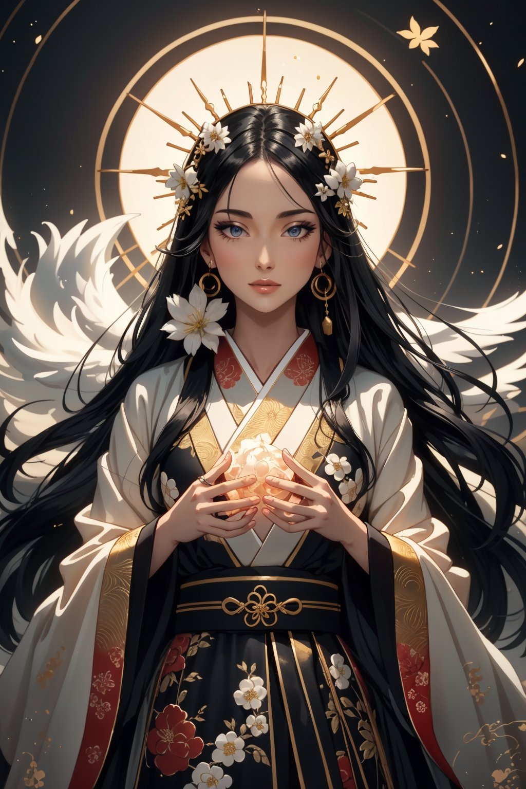 Create an image of Izanami no Mikoto, the Japanese goddess of creation and death. Depict her as a majestic and ethereal figure, wearing traditional Japanese attire with intricate patterns. She should have an aura of both beauty and melancholy, reflecting her dual roles. Surround her with elements that represent creation, such as blooming flowers and swirling water, as well as symbols of death, like withered leaves or a dim, mystical light. The background should evoke a sense of ancient Japanese mythology, with a serene yet otherworldly atmosphere.: by Jean Baptiste Mongue: calligraphy: acrylic: watercolor art, professional photography, natural lighting, volumetric lighting maximalist photoillustration: by marton bobzert: 8k resolution concept art intricately detailed, complex, elegant, expansive, fantastical, style,SteelHeartQuiron character,Movie Still,Film Still