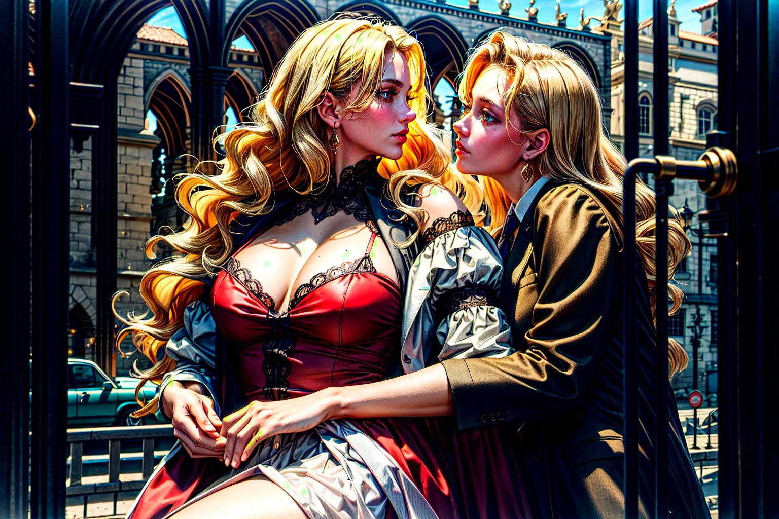 photorealistic:1.37, masterpiece, best quality, raw photo, absurdres, uhd, sophisticated businessman kissing a tall and nude blonde mature woman with blue eyes, wavy hair, blonde hair, seductive, erotic pose, looking at each other, on historical charles bridge, around a red vintage old ford car, intricate detail, detailed background, detailed skin, pore, highres, hdr, top dress in red color, blue sky
