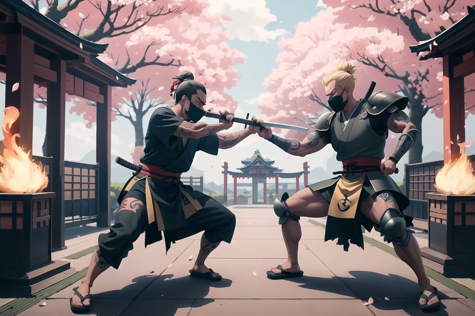 2boys, samurai, holding_katana, battle_stance, perspective, tattoos, traditional_clothing, face_mask, posing, fighting, one_eye_closed, style, cherry_blossom, flames, castle, traditional_japanese_clothes, 8k, musculer, damaged, armour, anger, ,TinkerWaifu