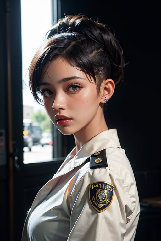 police, police_uniform, a 20 yo woman, black-hair, (hi-top fade:1.3), dark theme, soothing tones, muted colors, high contrast, (natural skin texture, hyperrealism, soft light, sharp), police_officer