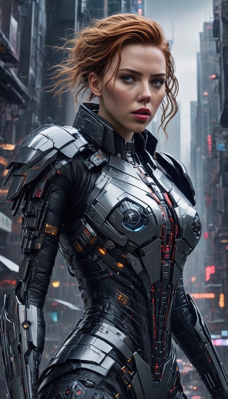 In a rain-soaked nanopunk cityscape, Scarlett Johansson embodies the essence of a cyberpunk android femme fatale. Perched on the precipice of a towering building, she surveys the chaotic streets below. The scene is enveloped in dramatic, underexposed lighting, casting a monochromatic hue over the ultra-realistic city. Scarlett's attire, intricately detailed cyborg style armor with nanotech enhancements, is a testament to her style. Her expression exudes an enigmatic allure, adding depth to the cinematic precision of the action-packed background, where every nanobot and hologram is rendered with hyper-detailed precision.