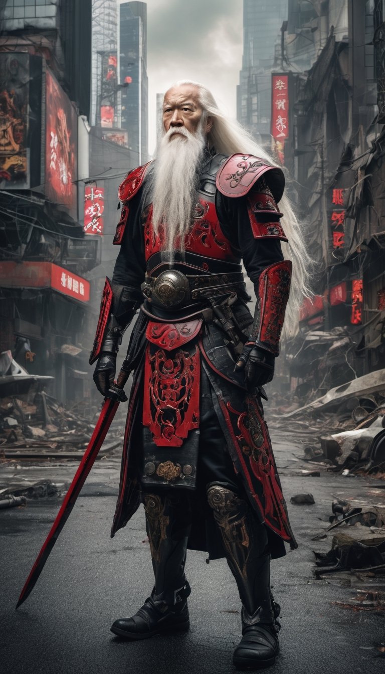 streetview portrait photograph of an old man with long white hair and long white beard looking at the viewer with a sad look in his eyes as if his soul was torn out, he is a warrior wearing black mechanical armor, (Gusoku Style Armor, black, red details, red inlays:1.1), intricate details, medium shot, slightly above view, side view, apocalyptical science fictional city street resembling times square, wartorn ruins, devastation, vines, vegetation, deep dark lightning, rule of thirds, ultra detailed, ultra realistic, epic composition, dimly lit