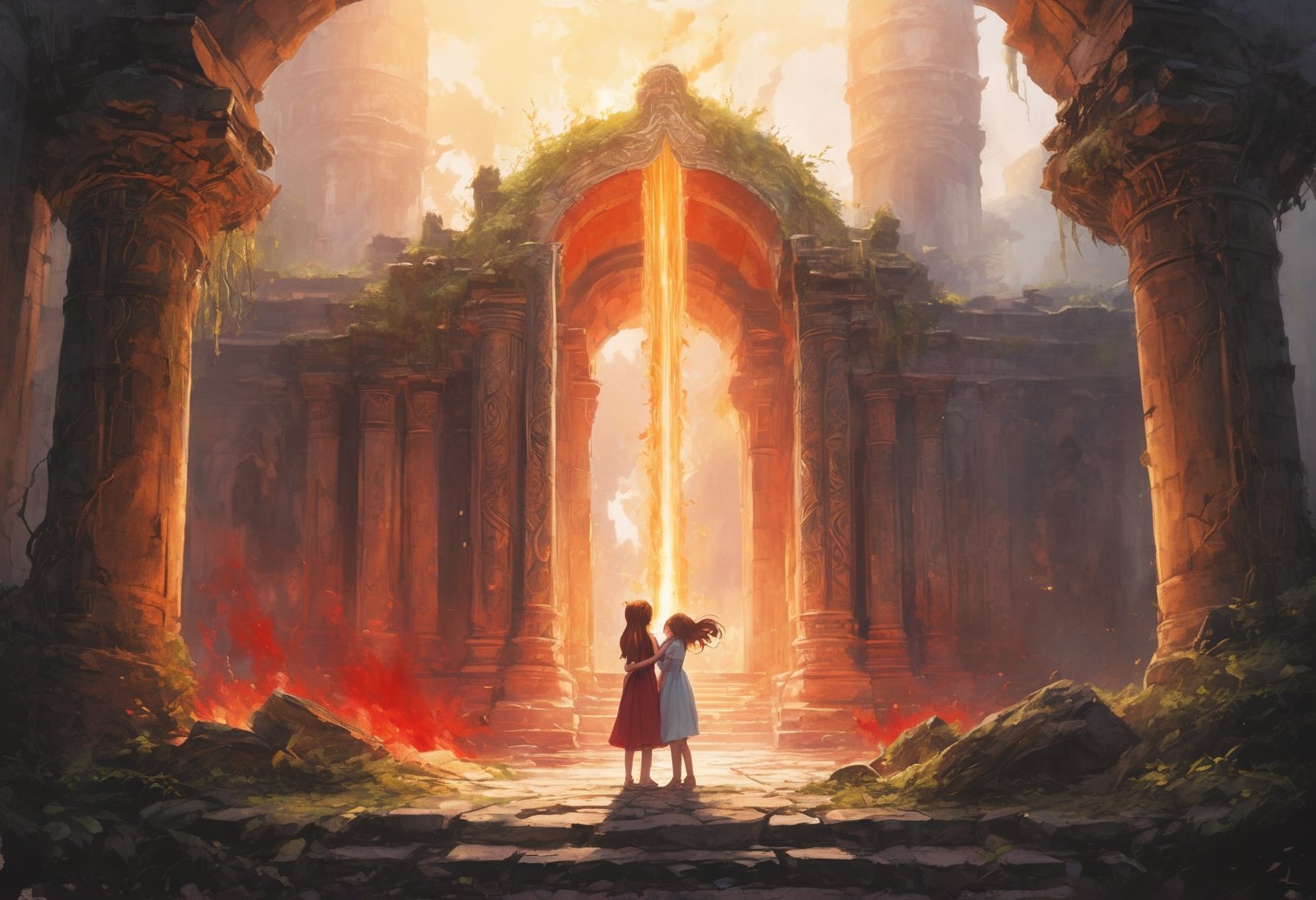 In a washed-out watercolor style, two girls with glowing hair, one white and one red, hug and kiss in the ruins of an ancient temple. The temple is bathed in soft light from a nearby fire, and the girls' clothes are ripped and stained. The scene is mysterious and atmospheric, with a long fire dragon circling overhead. BREAK The girls are young and beautiful, with innocent faces and shining eyes. The temple is overgrown with vines and moss, and the ruins are crumbling. The fire dragon is a symbol of power and danger, but it also seems to be protecting the girls. The circle on the ground is a magical symbol, and the dripping paint suggests that the girls are creating something new and powerful. BREAK The overall atmosphere of the painting is one of hope, love, and magic. It is a reminder that even in the darkest of times, there is always beauty and possibility.