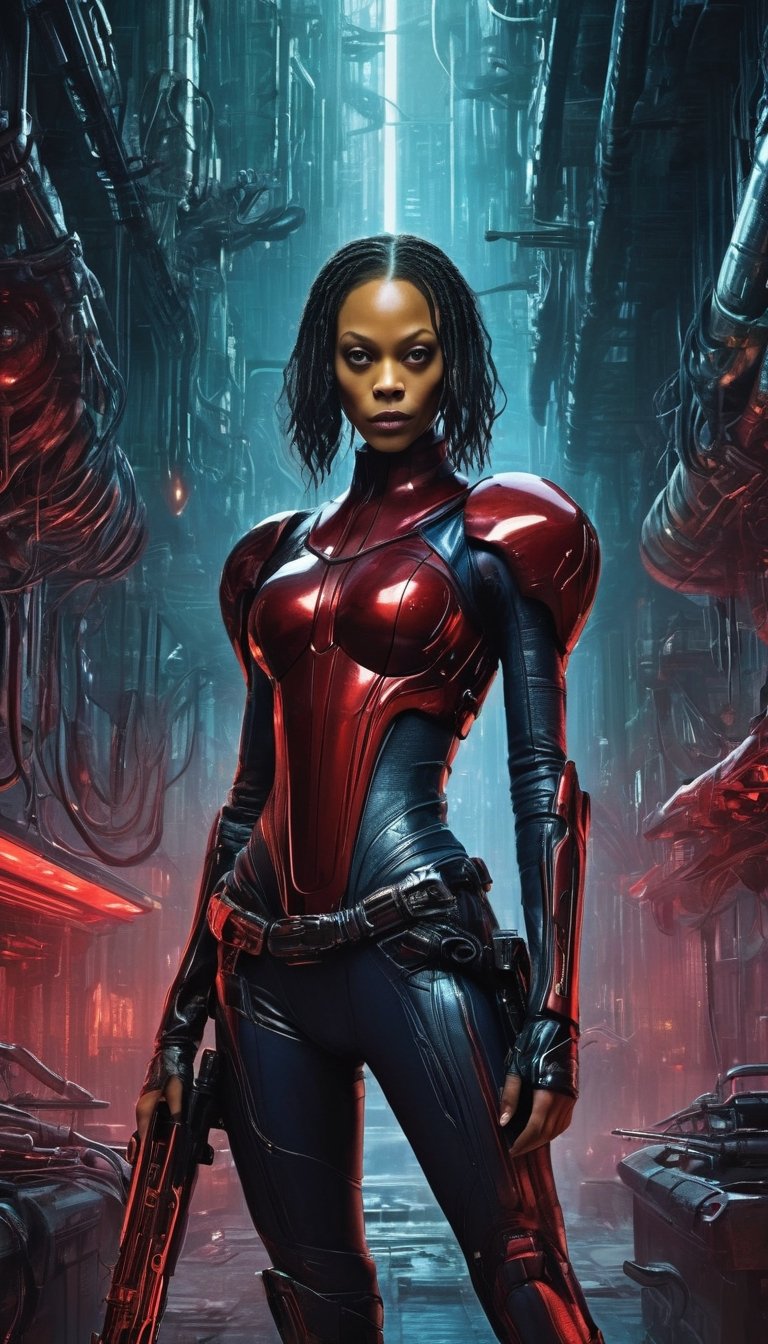 In a nightmarish biomechanical realm inspired by H.R. Giger, Zoe Saldana embodies a fearsome cyborg assassin. Sinister biomechanical structures envelop her as she gazes toward the viewer. Her face implants mirror the eerie, greenish light, imbuing an otherworldly aura. The detailed backdrop is a surreal cyberpunk weapon shop with an epic composition that conjures a feeling of dread, all in shades of red and blue.