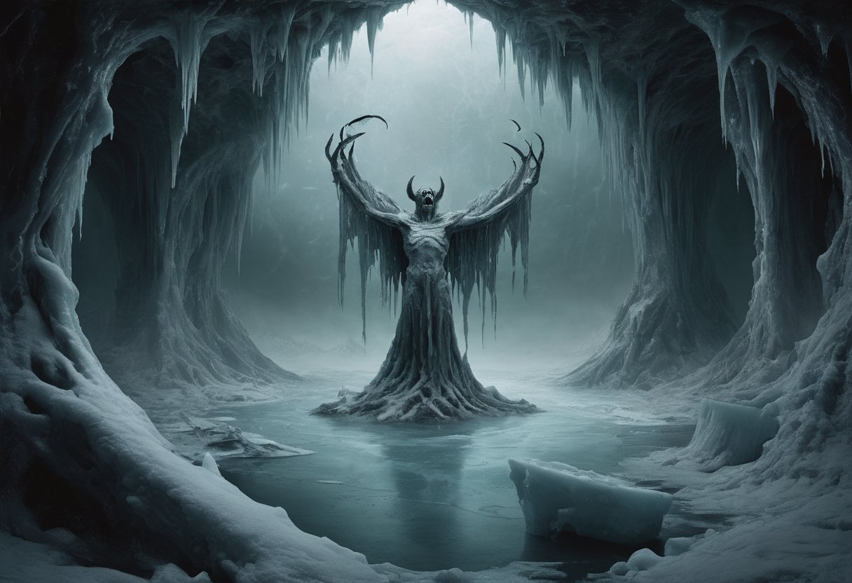 In this bone-chilling photograph, the ninth circle of Hell, Cocytus, reveals its icy heart—a forsaken wasteland where treachery consumes the soul. A frozen lake, shrouded in darkness, cradles the damned. Sinners, betrayed by their very essence, lie entombed in the unforgiving ice. This spectral realm, divided into four insidious regions, is a symphony of betrayal's depths. Here, Brutus, Cassius, and Satan himself are trapped in the frozen abyss. It's a haunting image of eternal suffering, where treachery's icy grasp never relents, and the soul withers in the void of ultimate betrayal.