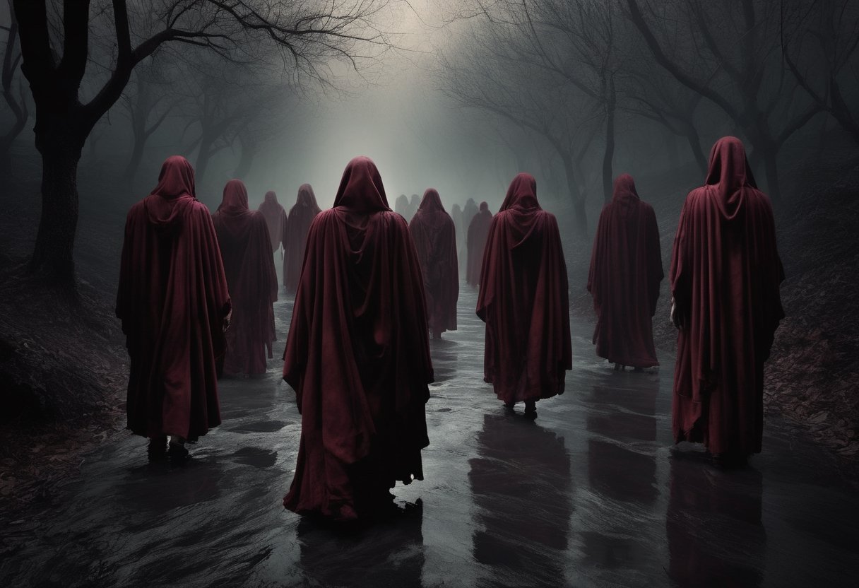 In this contemporary concept art photograph, we descend into Dante's "Inferno." A somber palette of deep burgundy and charcoal paints the grim landscape of Limbo. Souls, yearning for salvation, cast eerie shadows. Classical philosophers, Plato and Aristotle, emerge from the obscurity, illuminated by a ghostly, soft light. The image marries modern aesthetics with timeless themes, capturing their flowing robes and ethereal essence. It's a portal to Dante's world through a contemporary lens, weaving a bridge across eras while preserving the enduring intrigue of the human soul's harrowing journey through the afterlife.