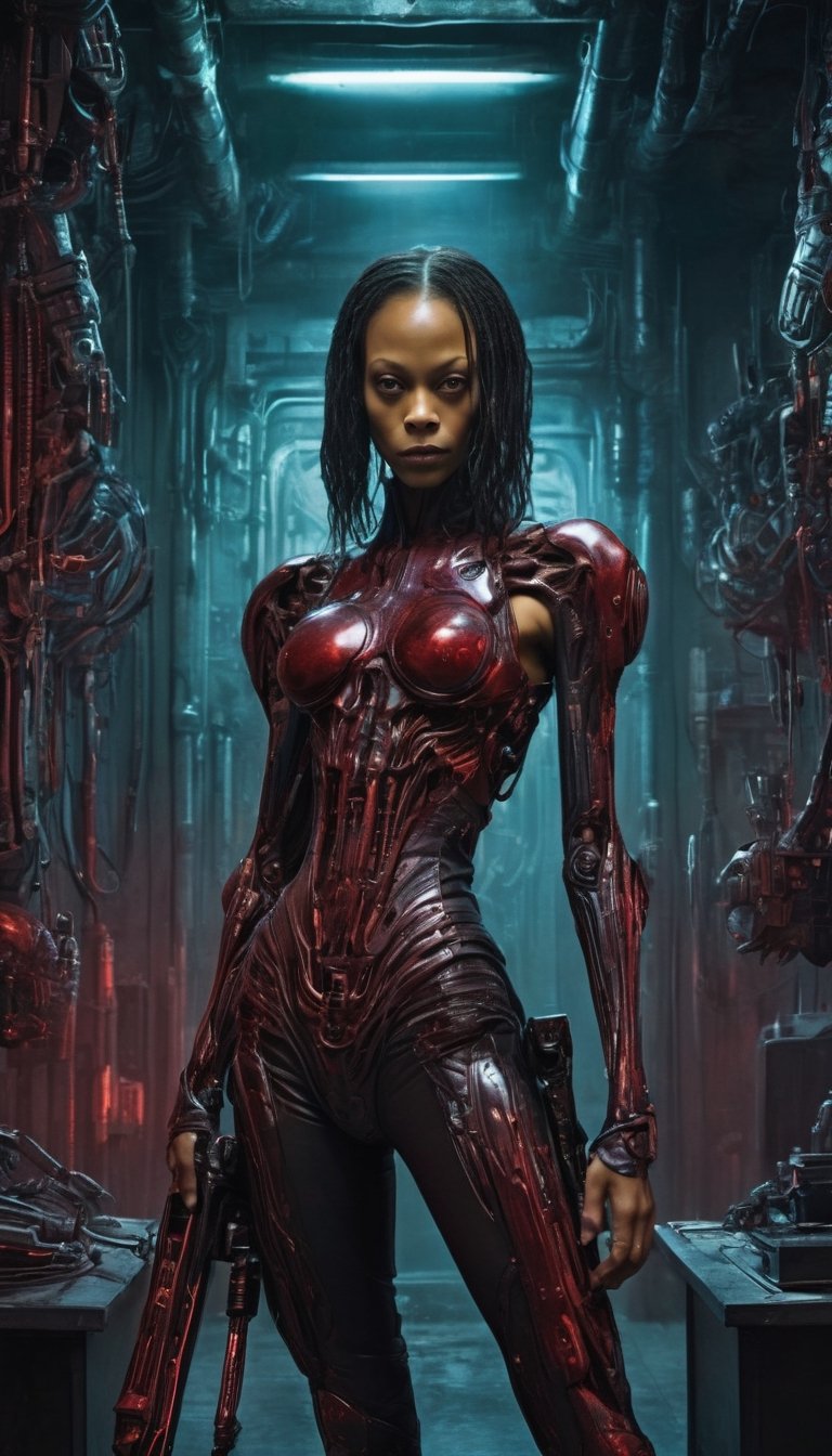 In a nightmarish biomechanical realm inspired by H.R. Giger, Zoe Saldana embodies a fearsome cyborg assassin. Sinister biomechanical structures envelop her as she gazes toward the viewer. Her face implants mirror the eerie, greenish light, imbuing an otherworldly aura. The detailed backdrop is a surreal cyberpunk weapon shop with an epic composition that conjures a feeling of dread, all in shades of red and blue.